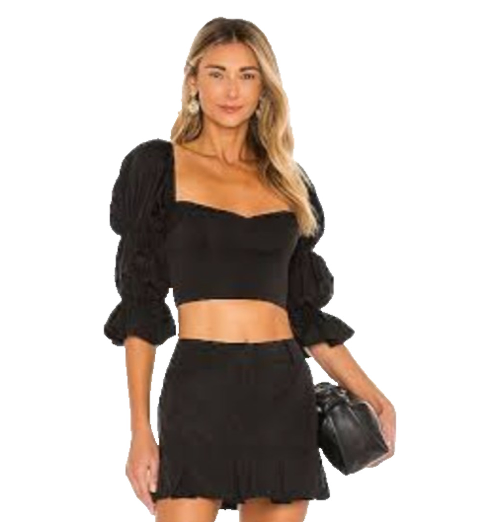 Amanda Uprichard Tia Top Black Puff Sleeve Sweetheart Crop Blouse Women’s XL
